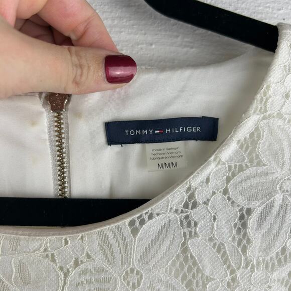 Tommy Hilfiger White Lace Short Sleeve Blouse Gold Zipper Detail (M) - Picture 4 of 8